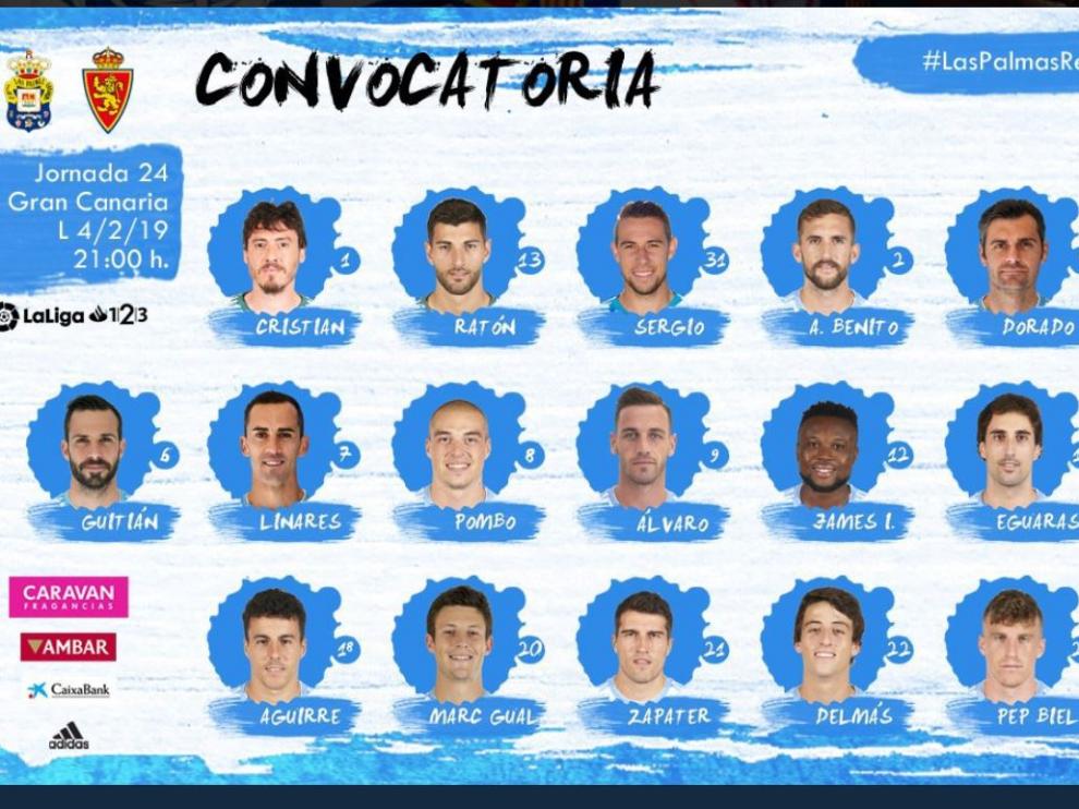 Lista de convocados del Real Zaragoza para el viaje a Las Palmas.