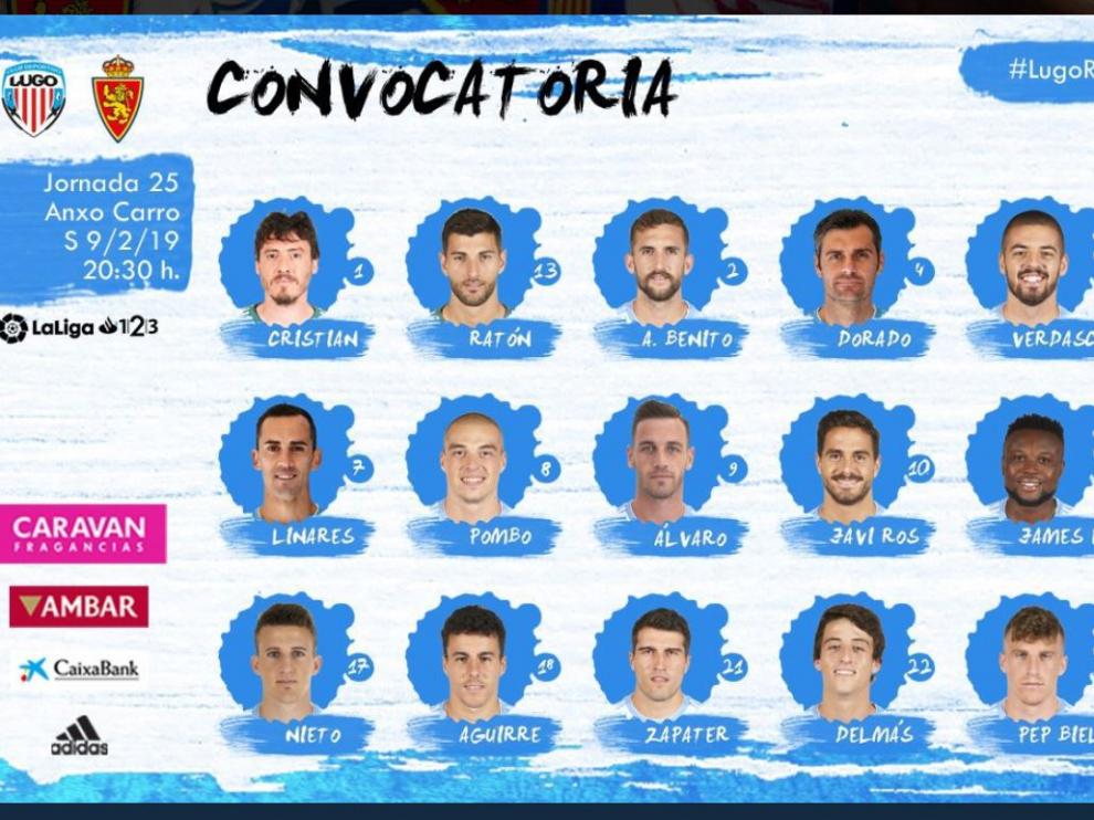 Lista de convocados del Real Zaragoza para el duelo de este sábado en Lugo.