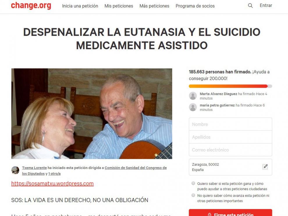 Una imagen de la recogida de firmas para pedir la despenalización de la eutanasia en Change.org.