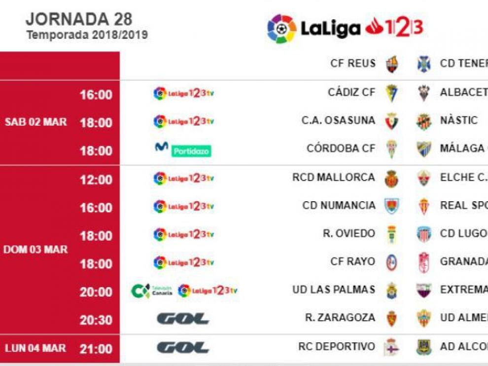 Horarios y fechas de la 28ª jornada de Segunda División, con el Real Zaragoza-Almería.