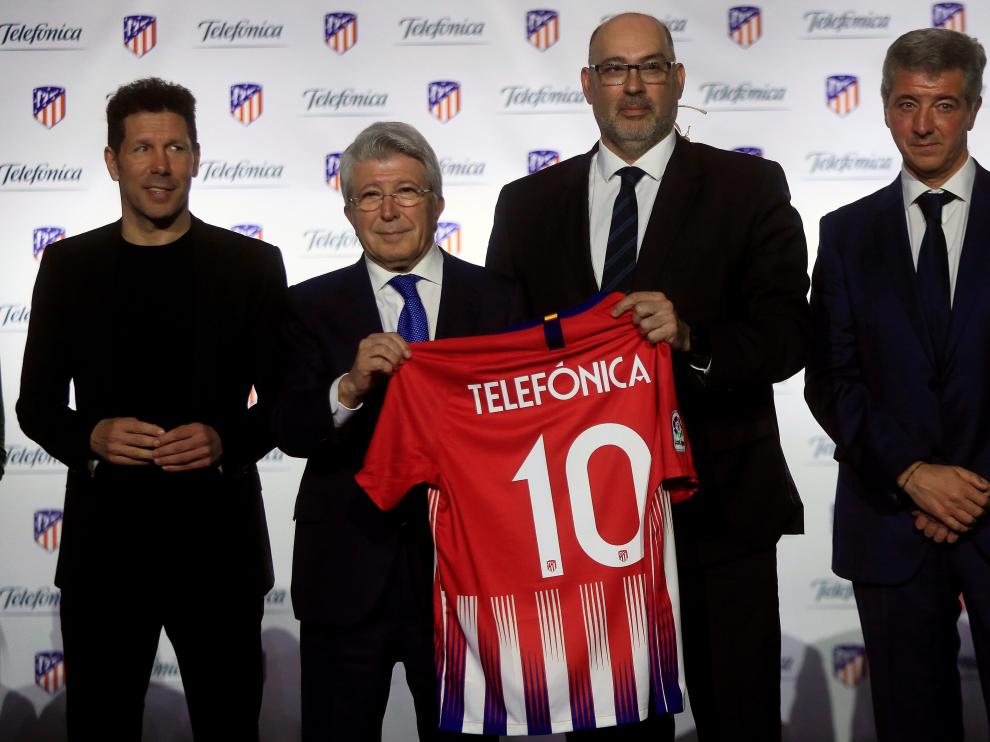 El entrenador rojiblanco, en la presentación de un acuerdo estratégico en materia de tecnología entre el Atlético y Telefónica.