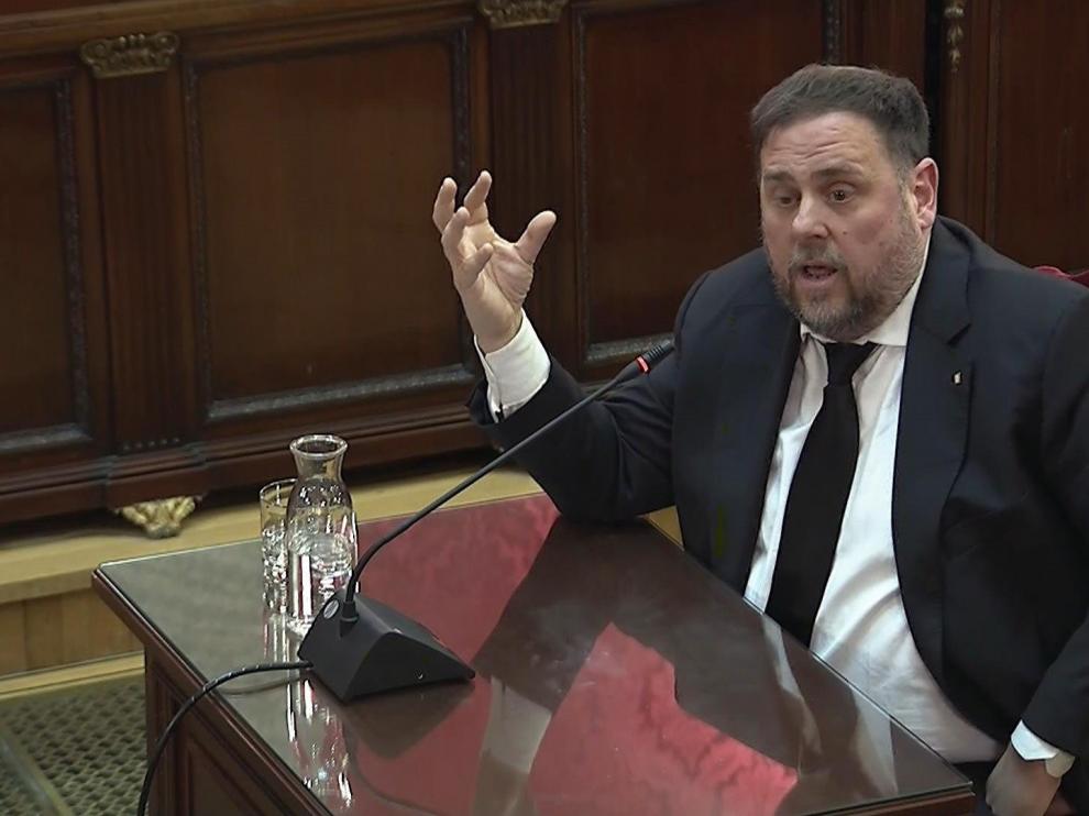El exvicepresidente de la Generalitat, Oriol Junqueras, durante la tercera sesión del juicio del 'procés'.