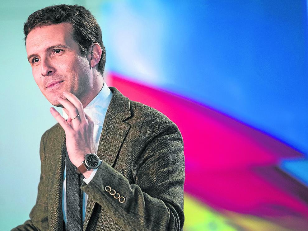 El líder del PP y candidato a la presidencia del Gobierno, Pablo Casado, ayer en Zaragoza