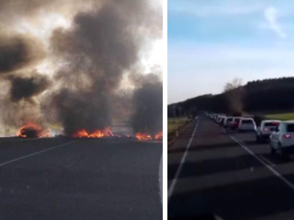 Los CDR queman neumáticos en la carretera A-1240 en Alcampell y causan un atasco kilométrico