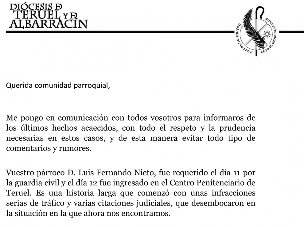 Comunicado oficial del Obispo de Teruel y Albarracín.