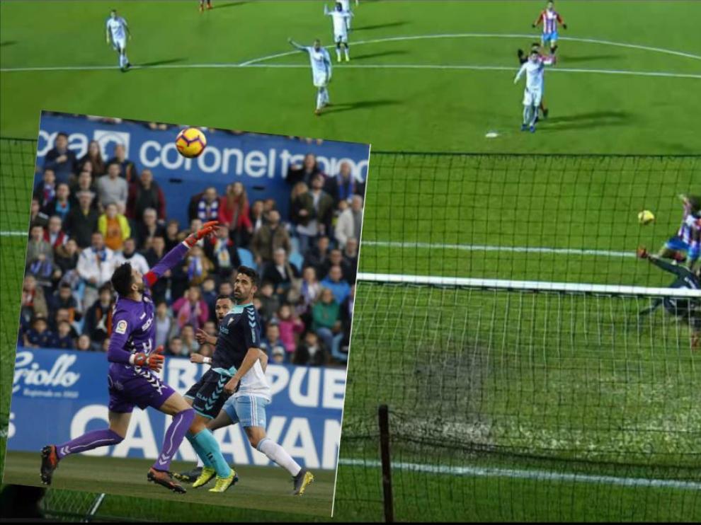 De fondo, la parada de Cristian Álvarez a Barreiro el sábado de la pasada semana en Lugo. Superpuesta, el momento en el que Nadal, portero del Albacete, le detiene la vaselina a Álvaro Vázquez hace 24 horas en La Romareda.