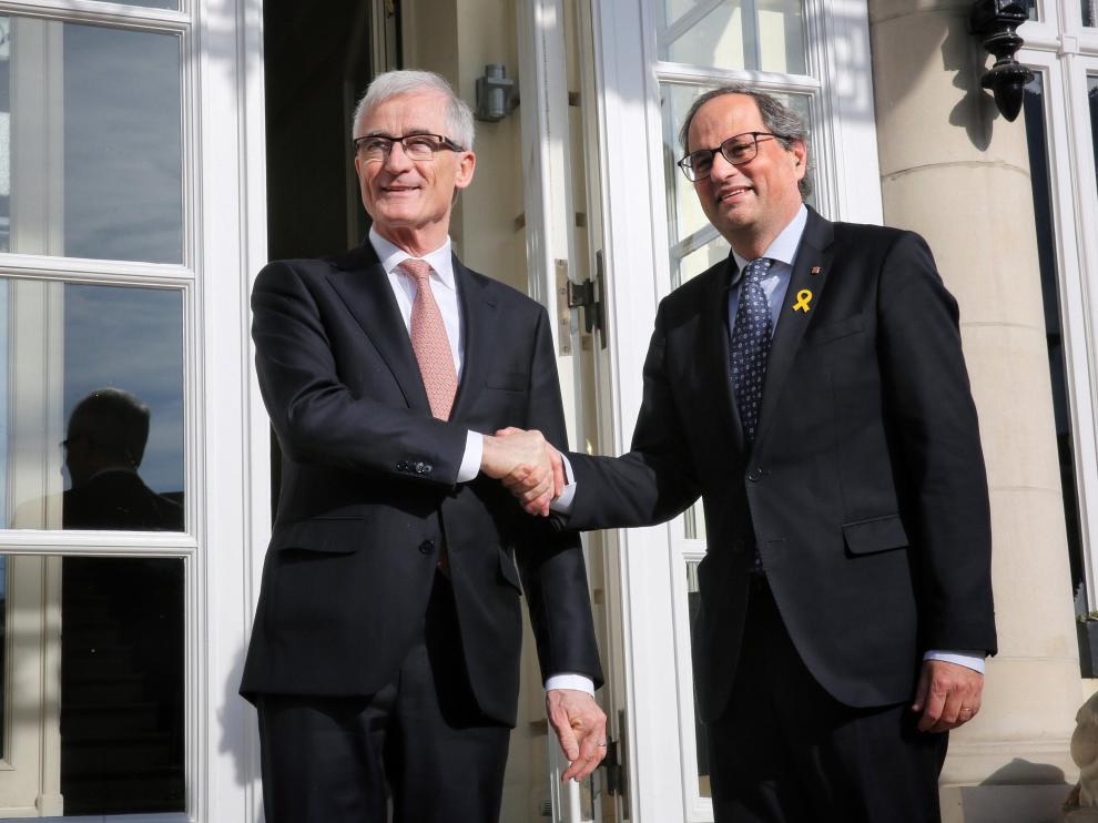El presidente de la Generalitat, Quim Torra, con el presidente de Flandes, Geert Bourgeois, en Bruselas.