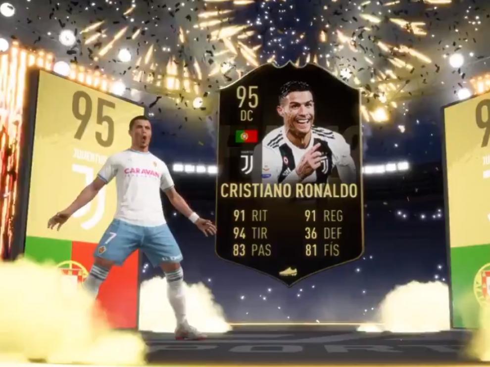 Cristiano Ronaldo realiza su conocida celebración con la camiseta del Real Zaragoza en Fifa19.
