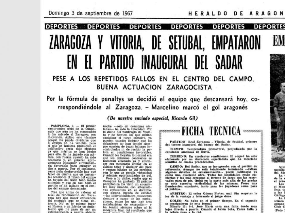 Encabezamiento de la crónica y ficha del Real Zaragoza-Vitoria Setúbal con el que se inauguró El Sadar, el estadio de Pamplona, en septiembre de 1967.