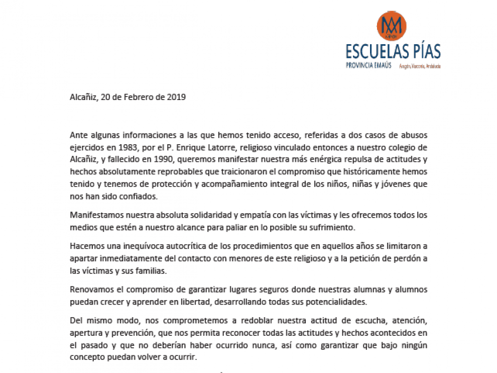 El comunicado emitido por las Escuelas Pías de Alcañiz