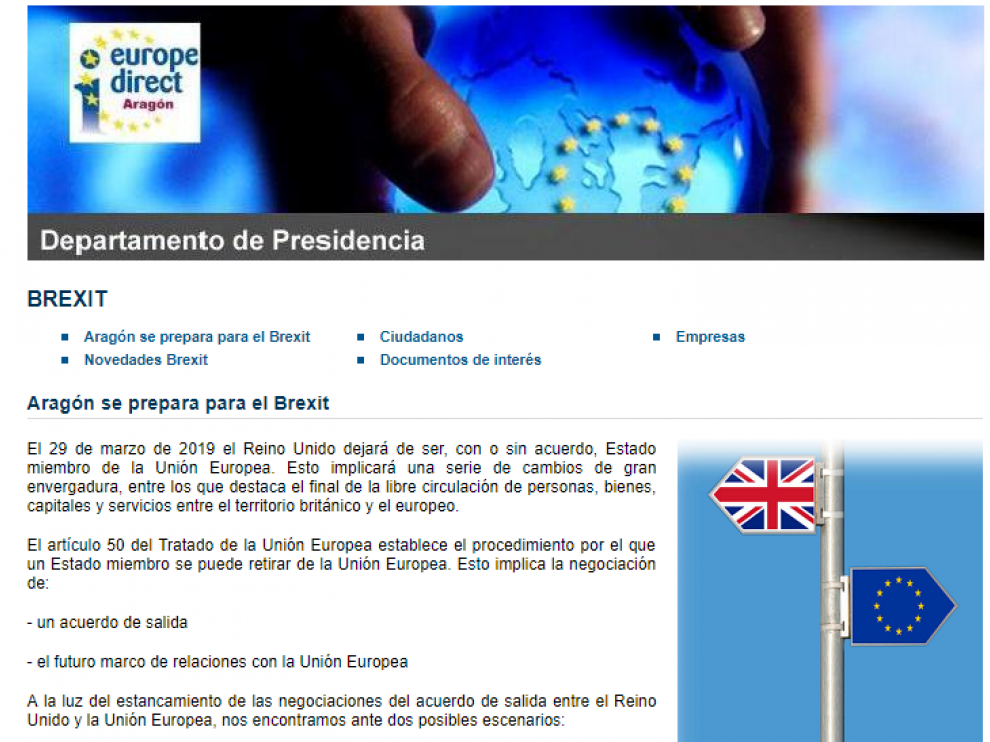 Página de información del Gobierno de Aragón sobre el 'brexit'.