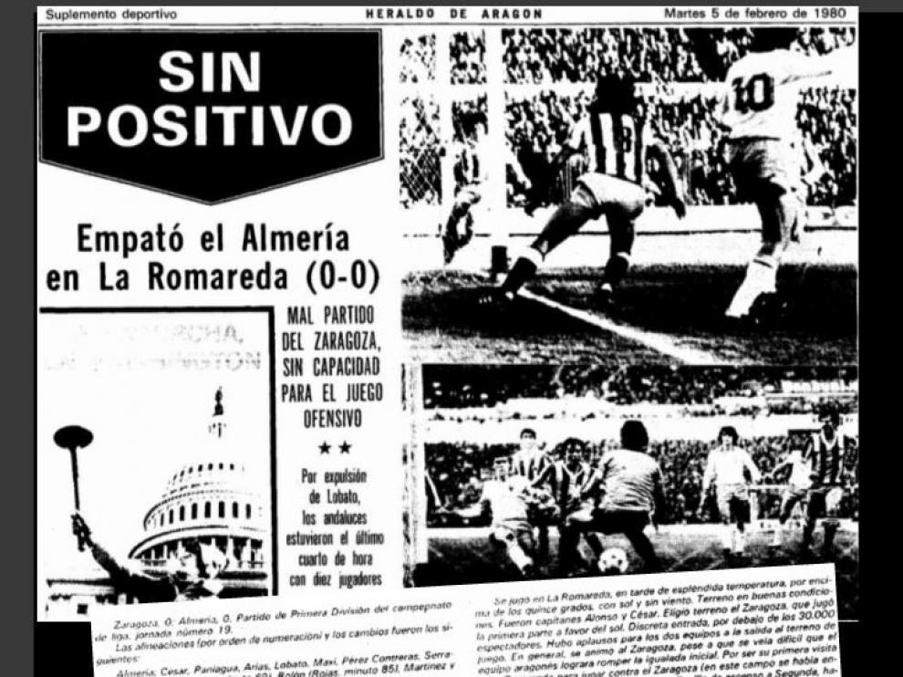Portada del suplemento de Deportes de Heraldo de Aragón en febrero de 1980, con el primer Real Zaragoza-Almería de la historia (abajo, la ficha del partido).
