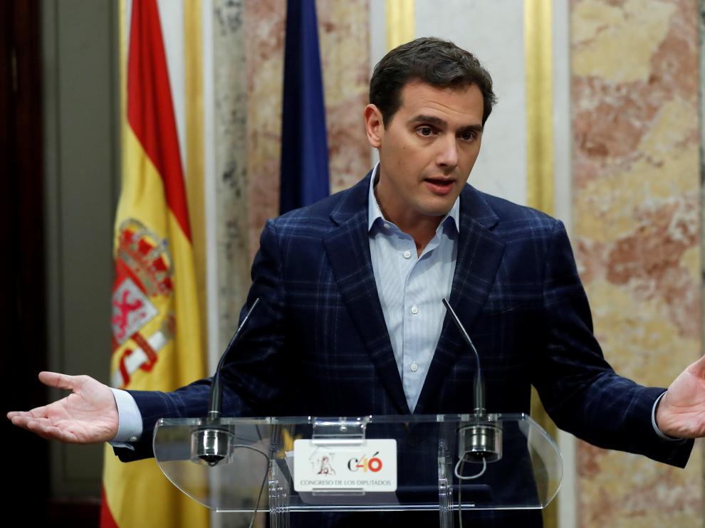 Albert Rivera durante la rueda de presa ofrecida en el Congreso.