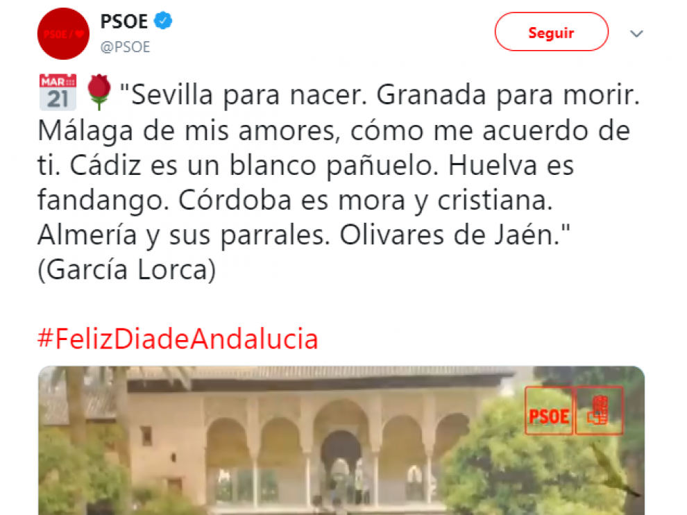 Mensaje que ha escrito la cuenta del PSOE en Twitter por el día de Andalucía.