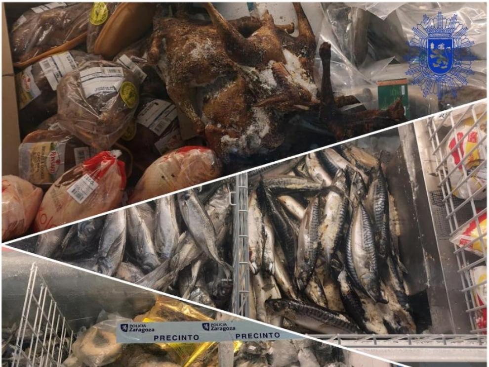 Imagen de los alimentos incautados por la Policía Local de Zaragoza tras un control sanitario de la DGA.