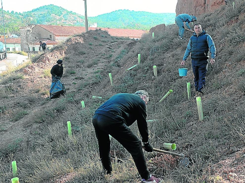 Reclusos de la cárcel de Teruel durante la plantación de pinos en San Julián