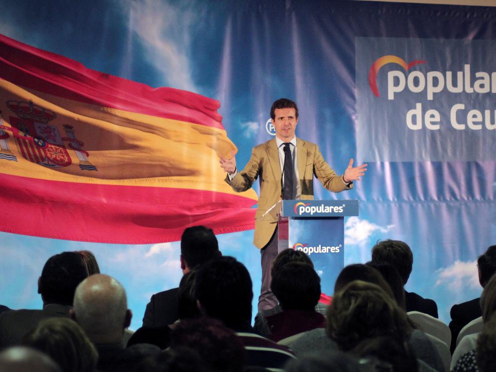 El presidente del Partido Popular, Pablo Casado, durante un acto de su partido efectuado en Ceuta. EFE/ Reduan PABLO CASADO EN CEUTA
