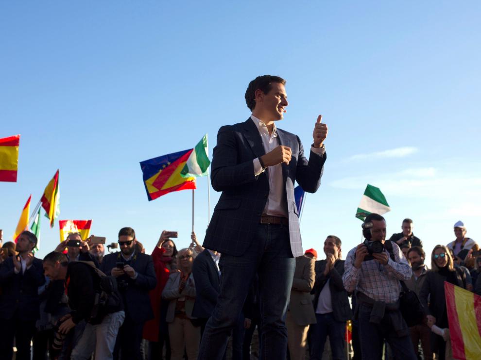 El líder de Ciudadanos, Albert Rivera, este viernes en un mitin de campaña en Málaga.