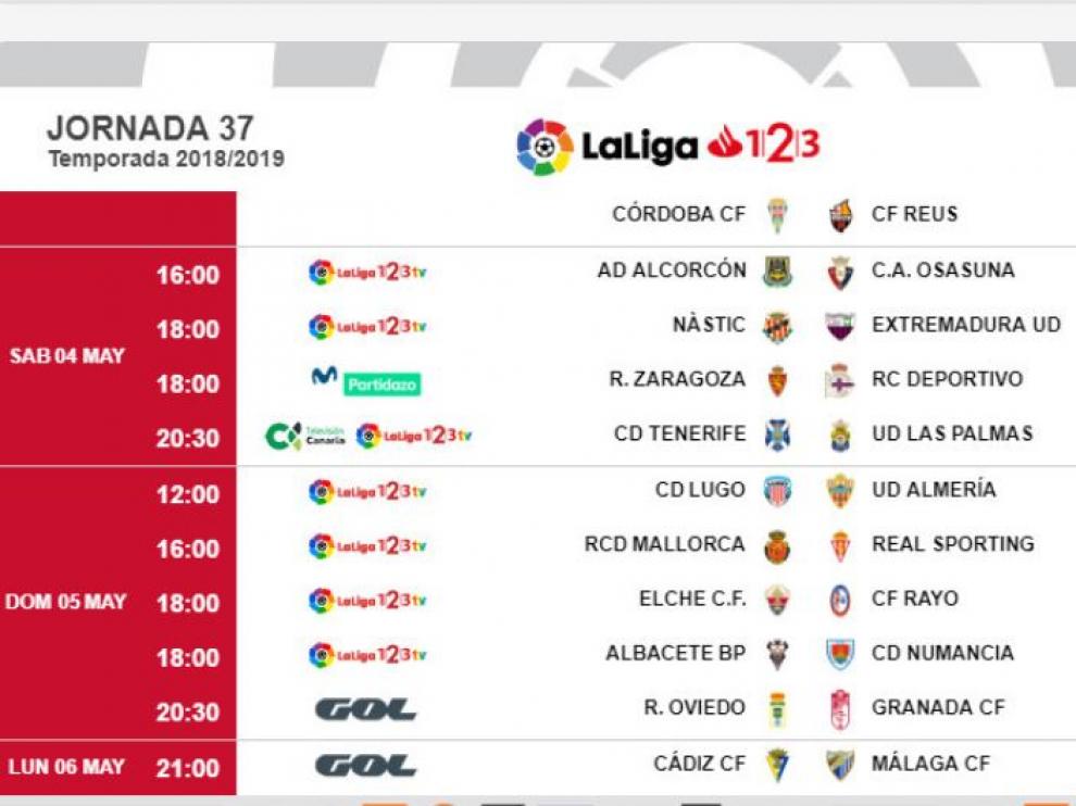 Fechas y horarios de la jornada 37ª de Segunda División, con el partido del Real Zaragoza ante el Dépor ubicado en sábado.
