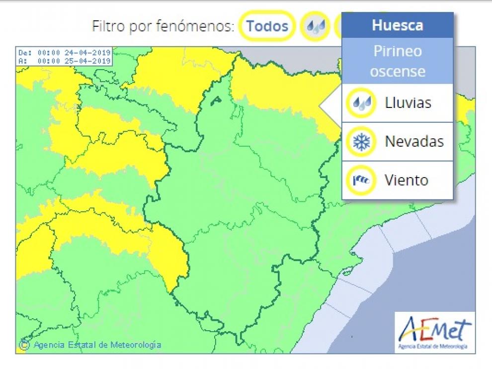 Mapa de avisos meteorológicos para el miércoles 24 de abril en el Pirineo oscense.