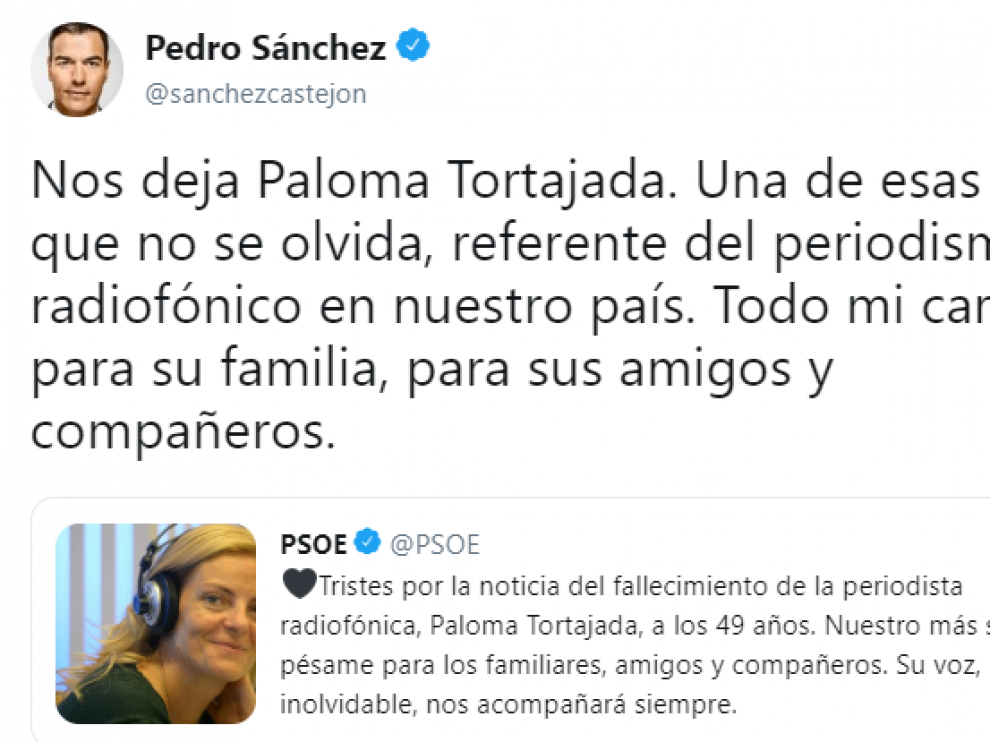El presidente del Gobierno, Pedro Sánchez, ha lamentado en Twitter la pérdida de Paloma Tortajada.
