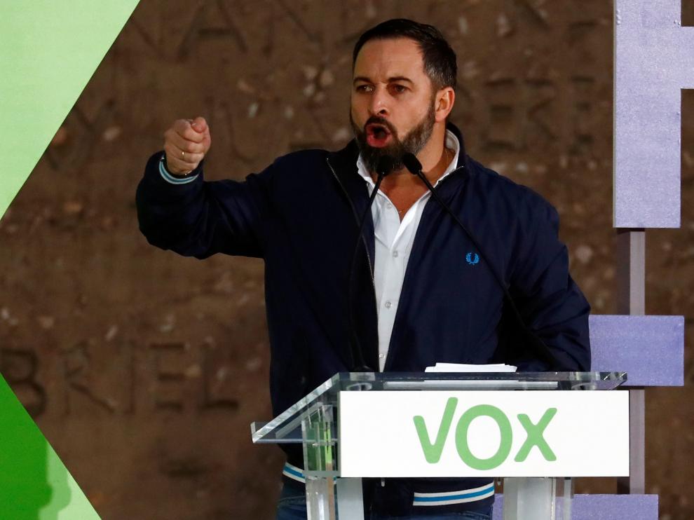 Santiago Abascal durante el cierre de campaña de Vox en Madrid.