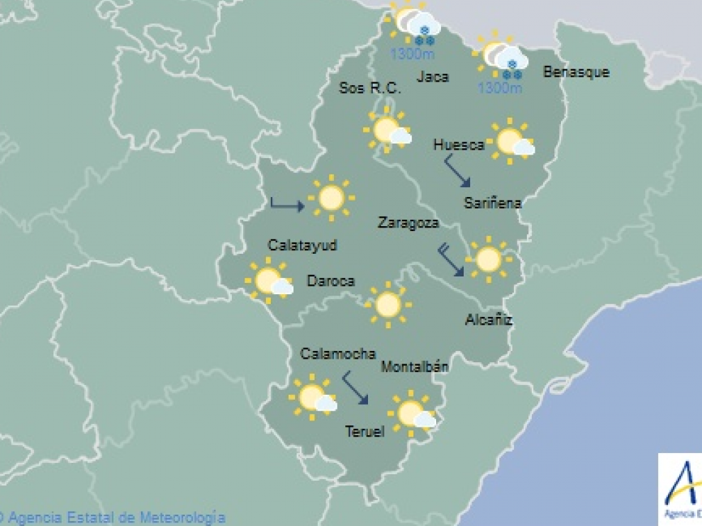 Las temperaturas mínimas para este viernes experimentarán un descenso con heladas débiles en puntos del Pirineo, y las máximas un ascenso en el tercio sur.