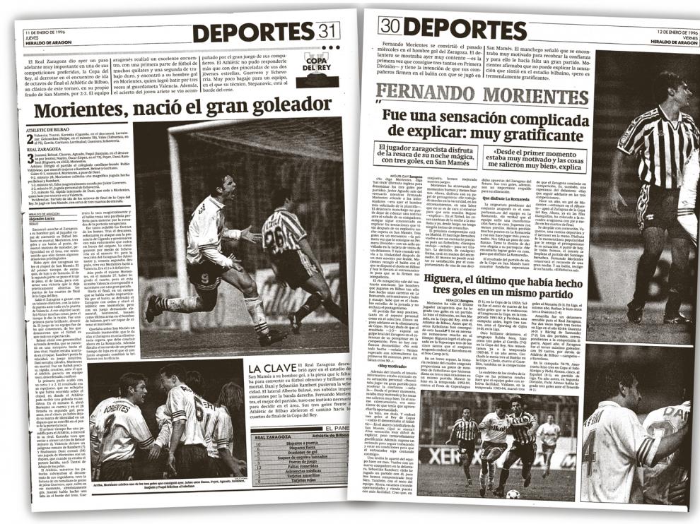 Páginas del HERALDO DE ARAGÓN con la crónica y las informaciones del 2-3 logrado por el Real Zaragoza en Bilbao en enero de 1996, con los 3 goles de Morientes en aquel partido de Copa.