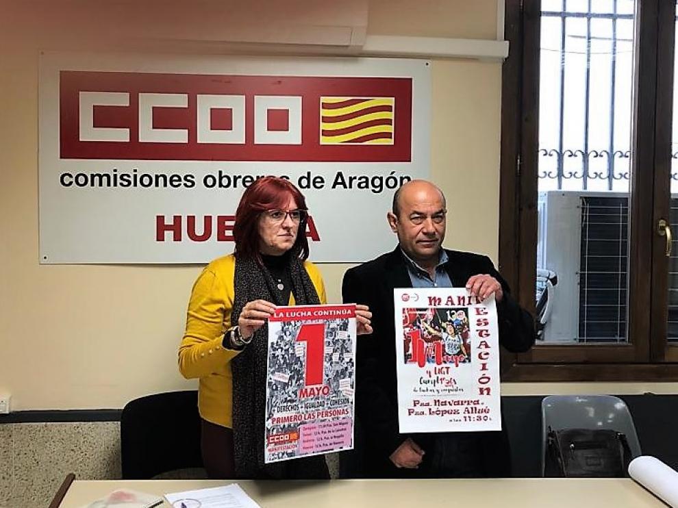 Conchi Giménez y Daniel Alastuey, secretaria general de CC.OO. Huesca y secretario general de UGT Aragón