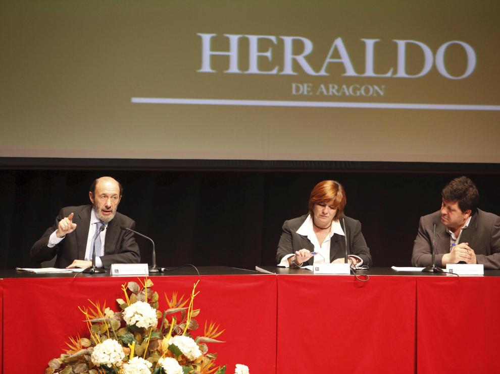 Alfredo Pérez Rubalcaba participó como ministro del Interior en un Foro de Heraldo de Aragón en el Palacio de Congresos en Huesca, en 2009.