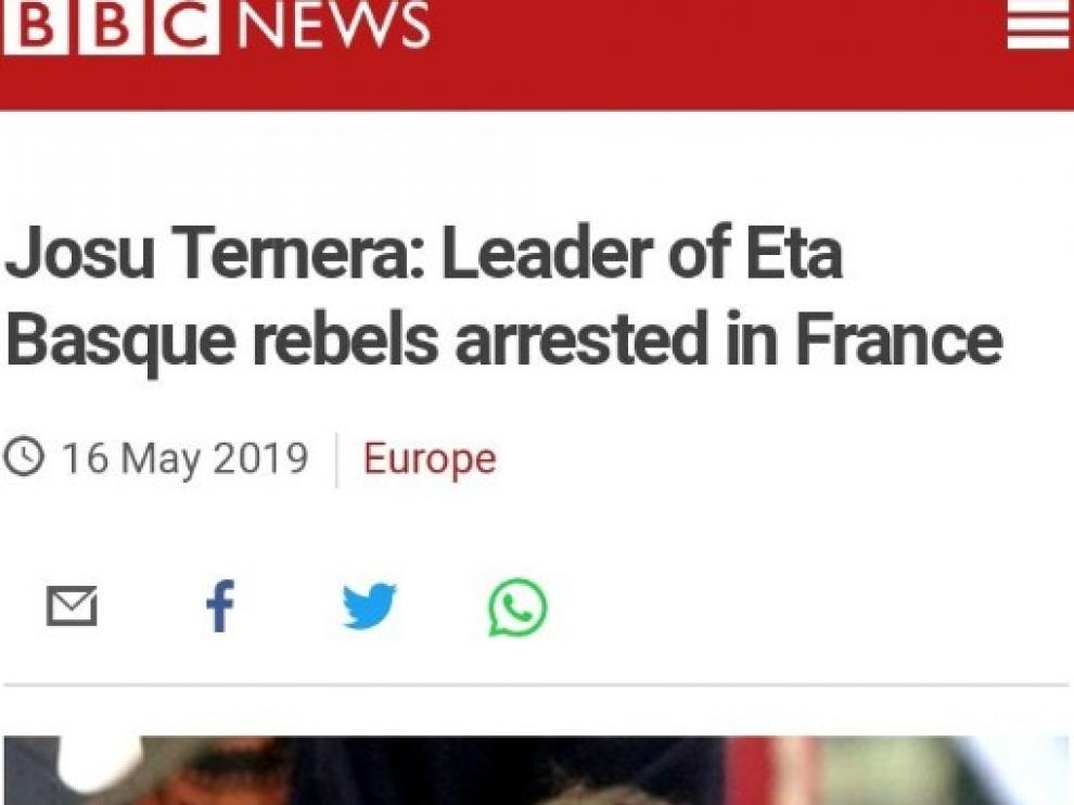 Indignación ante el titular de la BBC que llamó a Josu Ternera "líder de los rebeldes vascos"