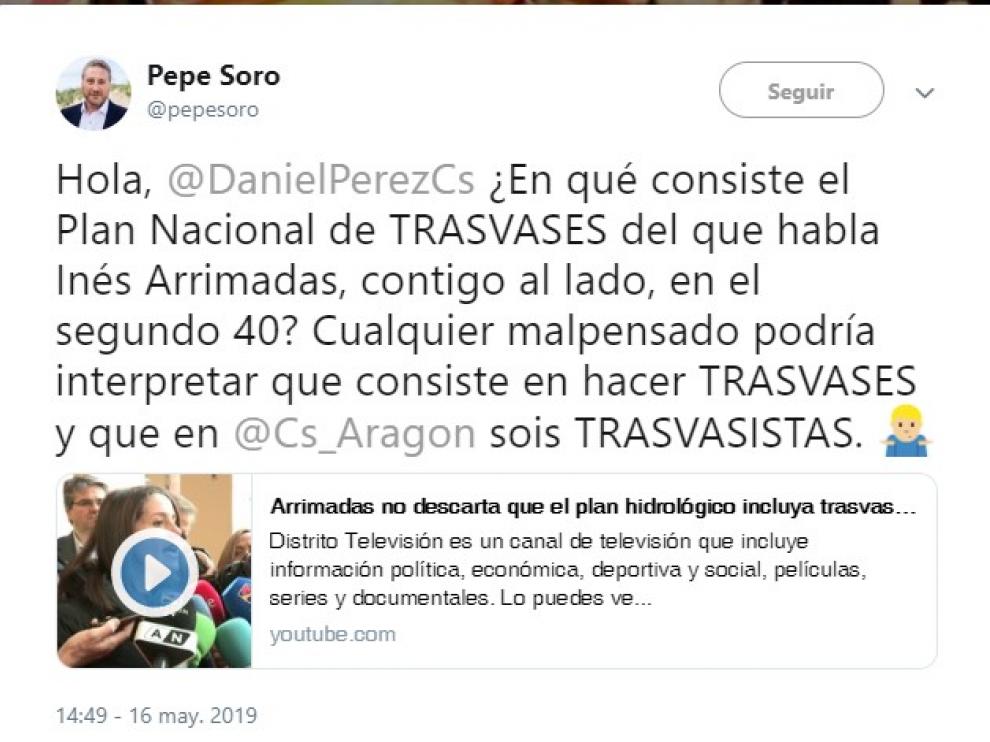 El candidato de CHA a la DGA pregunta a su homólogo de Cs sobre el trasvase.