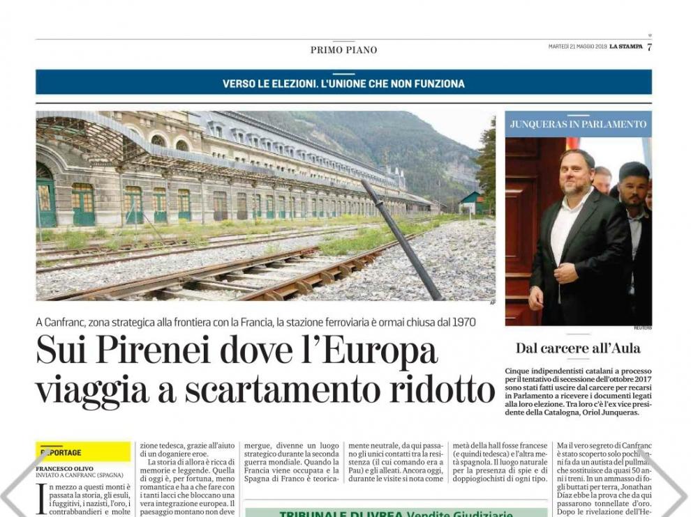 Reportaje publicado en el diario italiano 'La Stampa' sobre la estación de Canfranc dentro de las elecciones europeas del domingo.