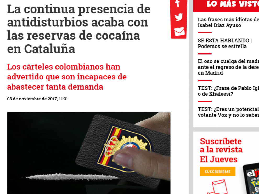 Publicación del 3 de noviembre de 2017 en la página web de 'El jueves'.