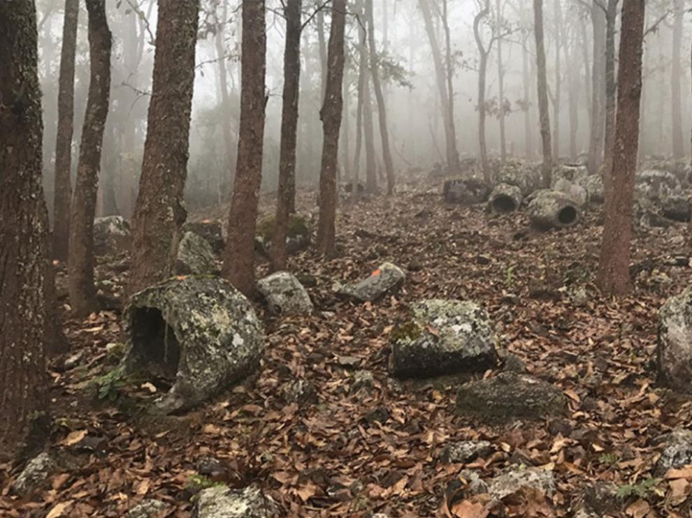 Jarras funerarias en medio de un bosque, en Laos.