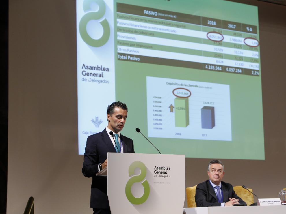 El presidente de Bantierra, Luis Olivera, en la presentación de los resultados de 2018 en la asamblea que ha tenido lugar hoy en la sede de la entidad.