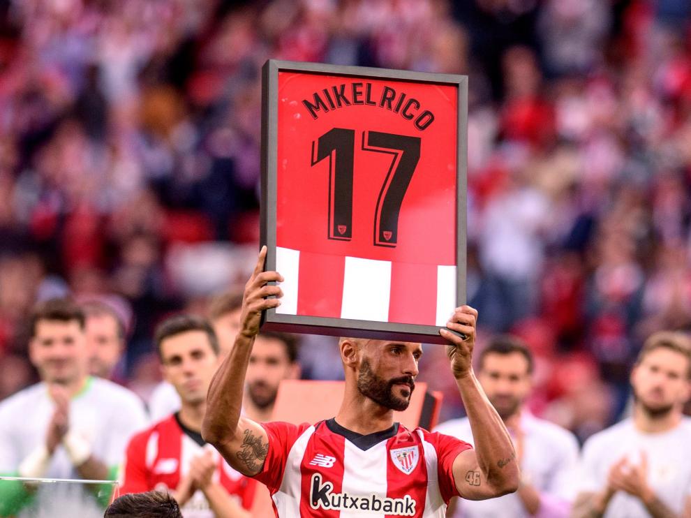 Mikel Rico, durante el homenaje que le tributó el Athletic de Bilbao.