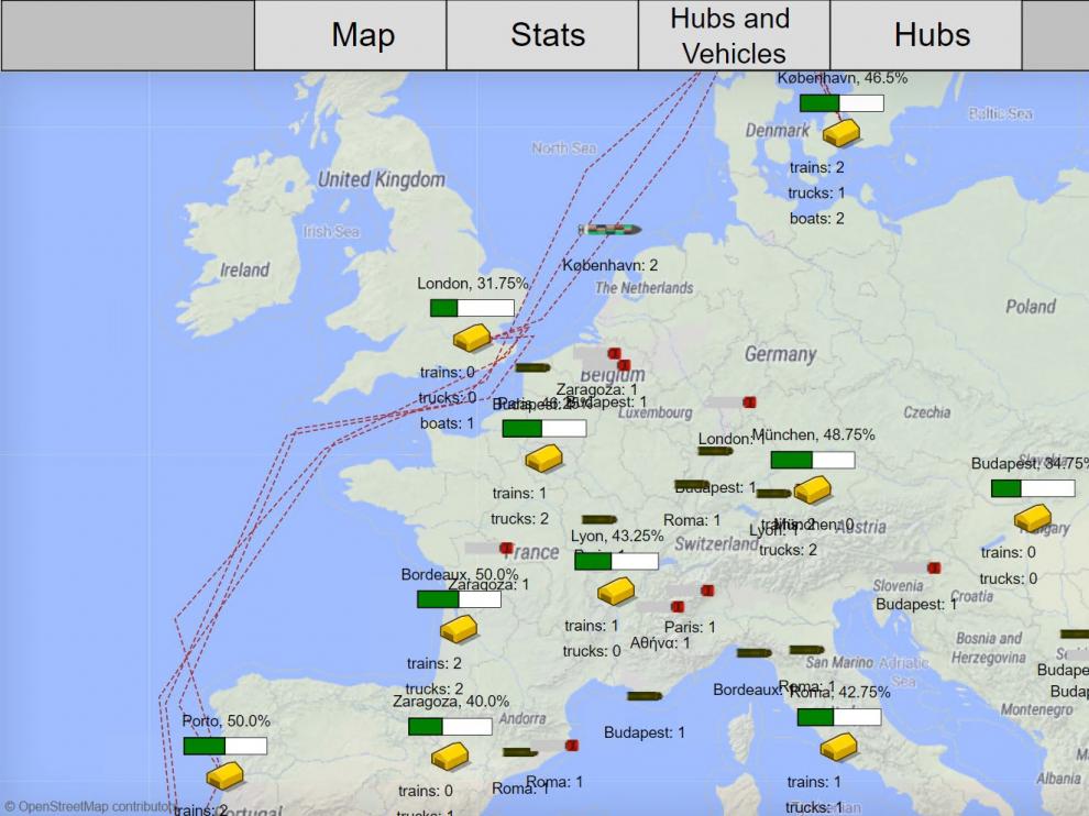 Escenario de simulación de ‘physical internet’ en Europa que refleja las rutas de transporte y el estado de los principales nodos de la red.