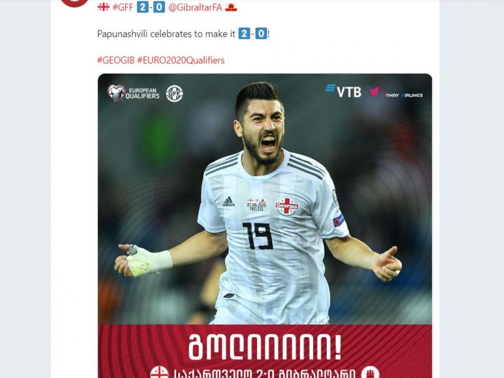 Momento de la celebración de Papunashvili tras su gol con Georgia ante Gibraltar en la tarde de este viernes en Tbilisi. Era el 2-0 de un partido que ganaron los georgianos por 3-0.