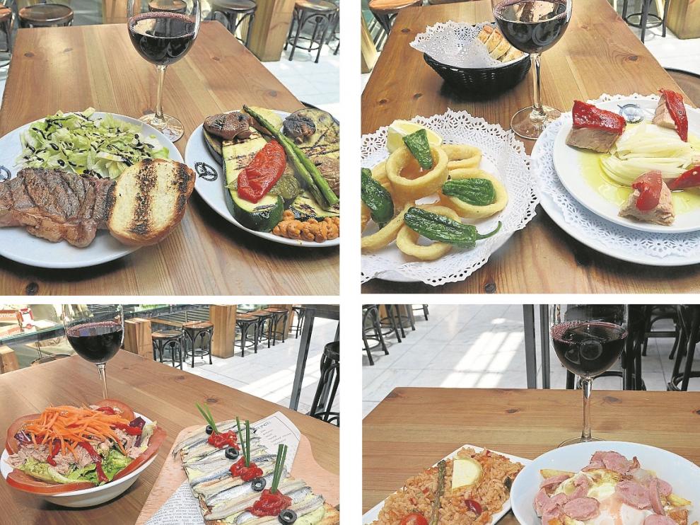 Propuesta de menú de la Brasería Chicago, calamares y atún de El Cantábrico; ensalada y boquerones de La Molletería; y plato de arroz y huevos rotos de Bulebar.