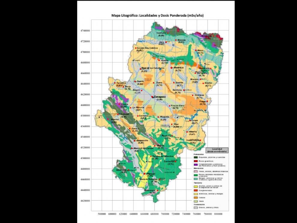 Valores de la dosis ponderada debida a la radiactividad ambiental en Aragón. Las variaciones de la dosis están relacionadas principalmente con el tipo de suelo y roca, como vemos sobre este mapa litográfico.