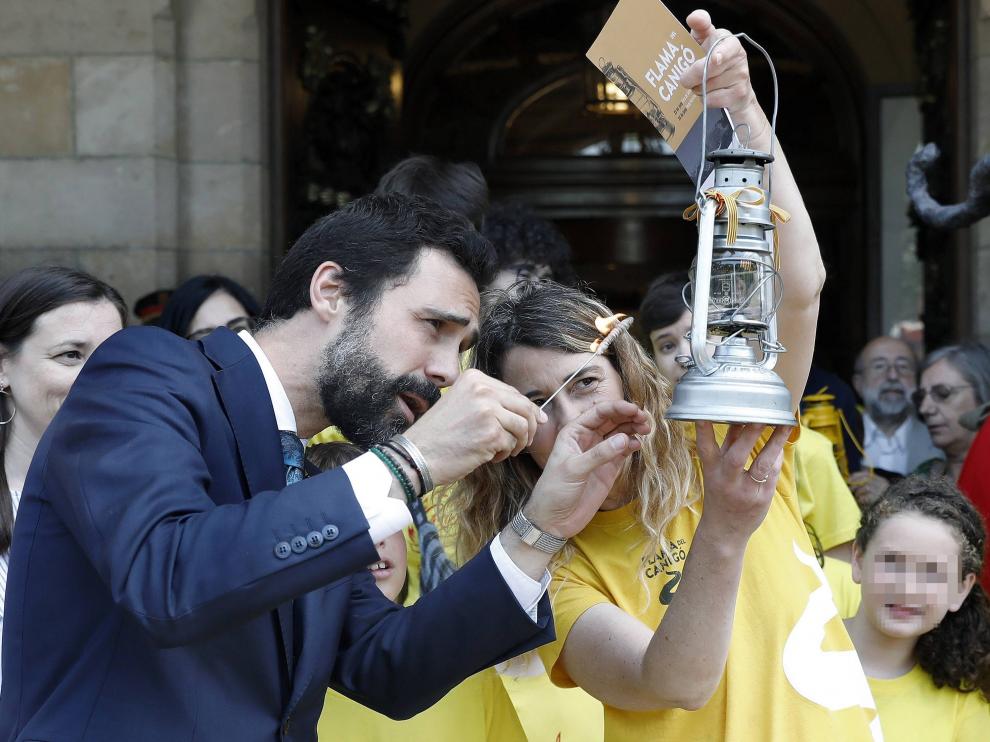 Roger Torrent durante el acto de La Flama del Canigó.