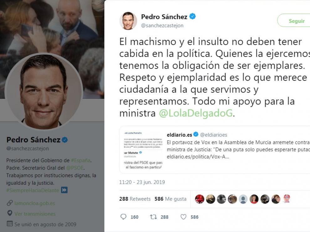 Tuit publicado por Pedro Sánchez en apoyo a la ministra.