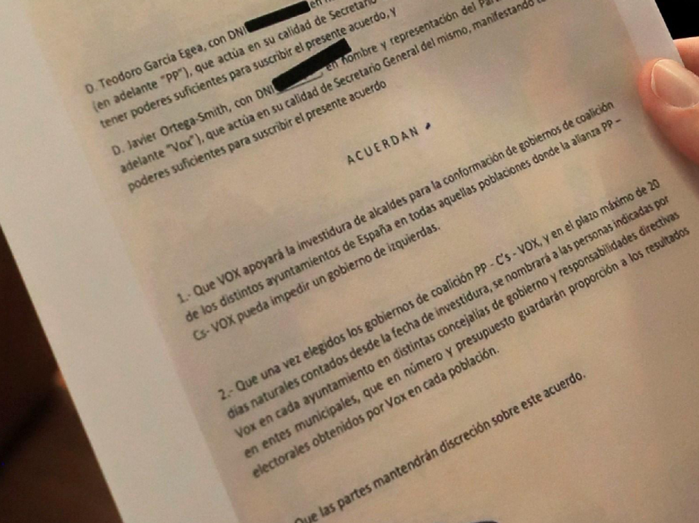 Documento del acuerdo de Vox con el PP y Cs en el que se habla de "gobiernos de colación".