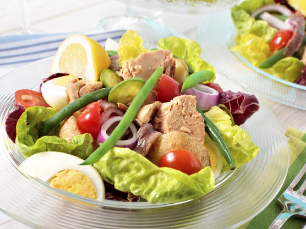 Salad Nicoise arranged on a table