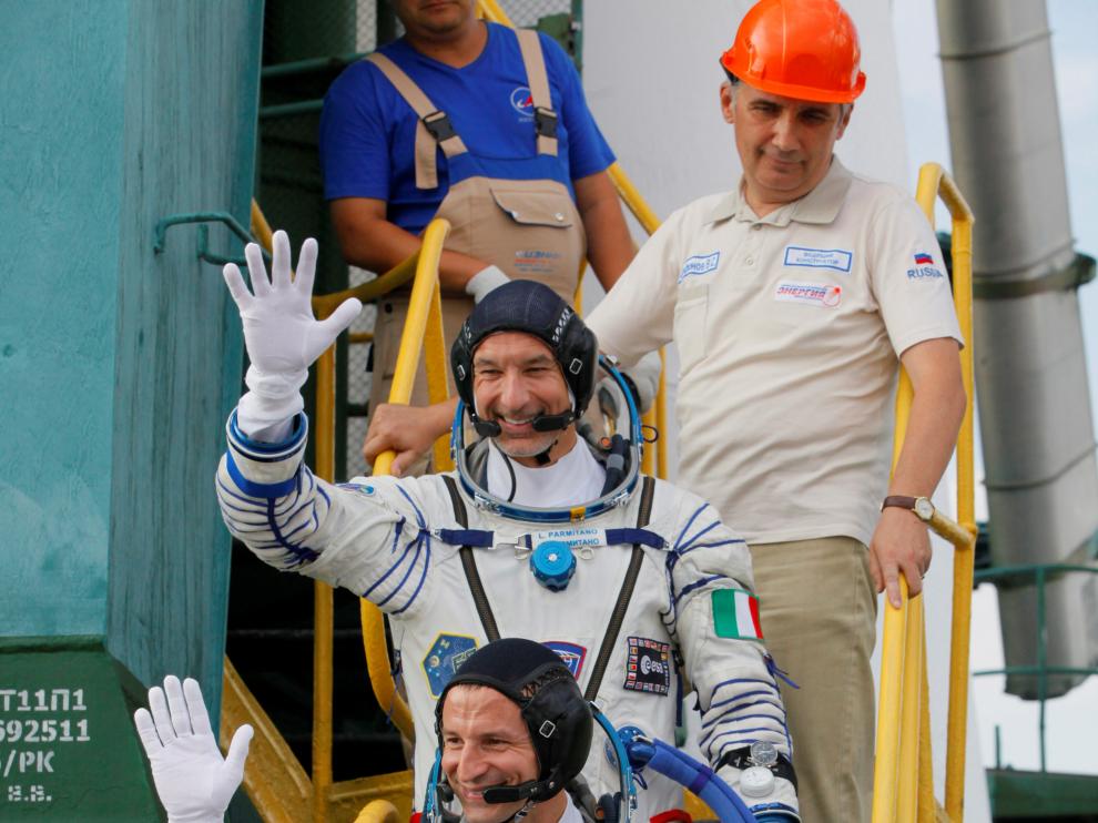 Los astronautas Andrew Morgan, Alexander Skvortsov, Luca Parmitano.