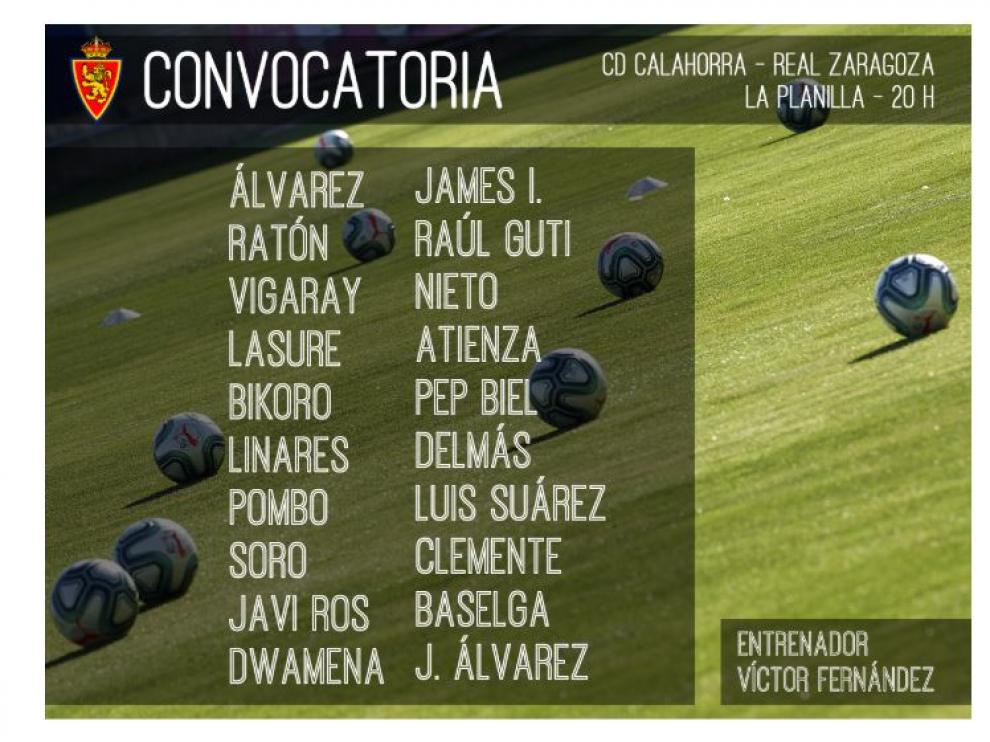 Lista de 20 citados por Víctor Fernández para el Calahorra-Real Zaragoza de este miércoles en La Rioja.