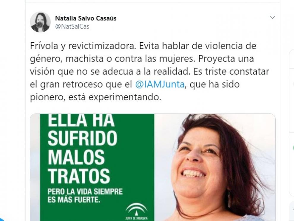 Tuit de la directora del IAM en el que denosta la iniciativa de sus homólogos andaluces.