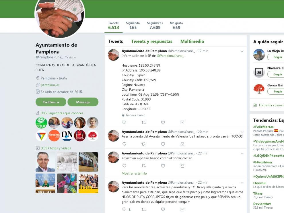 La cuenta del Ayuntamiento de la capital navarra ha sido 'hackeada' esta mañana.