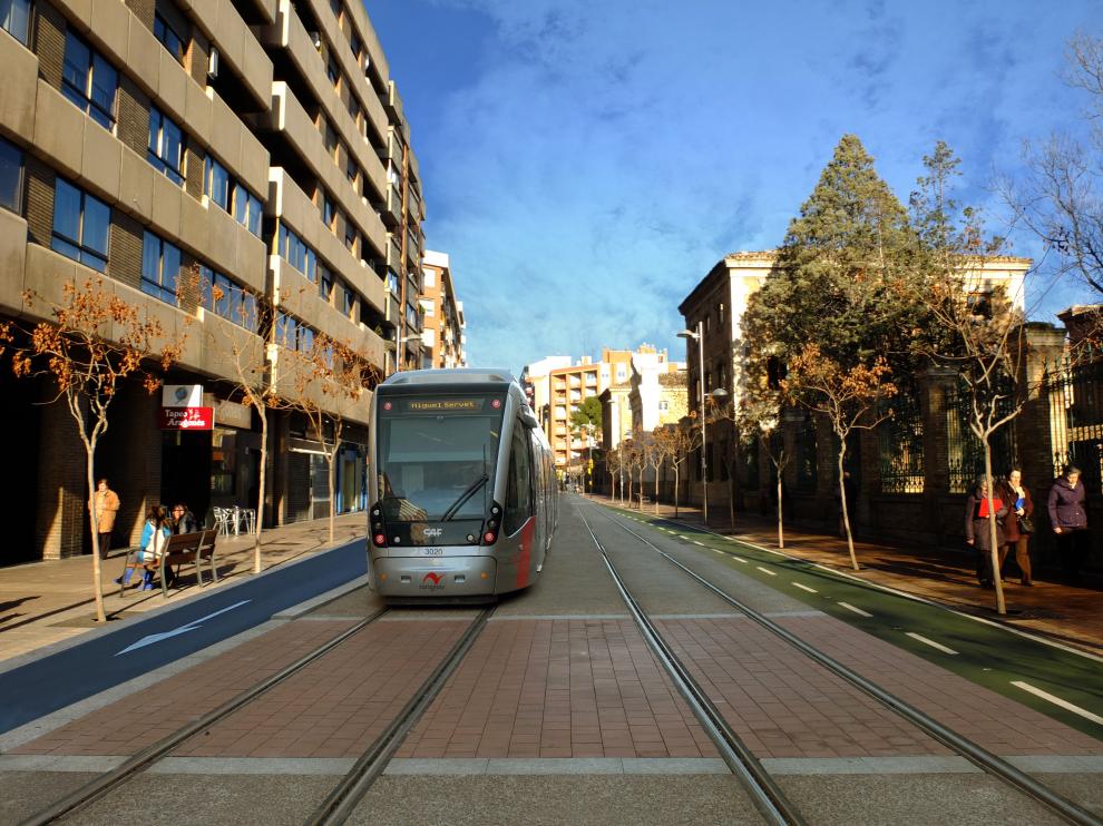 Recreación del tranvía a su paso por Miguel Servet.